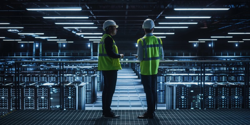 Two people wearing hardhats and safety vests stand on a platform overlooking a dimly lit data center